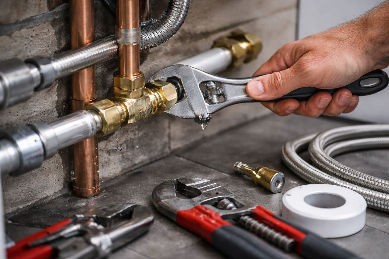 Close-up van leidingen en gereedschap bij loodgieter per uur werkzaamheden