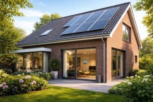 Energie besparen in huis in moderne goed geïsoleerde Nederlandse woning met zonnepanelen en duurzame oplossingen