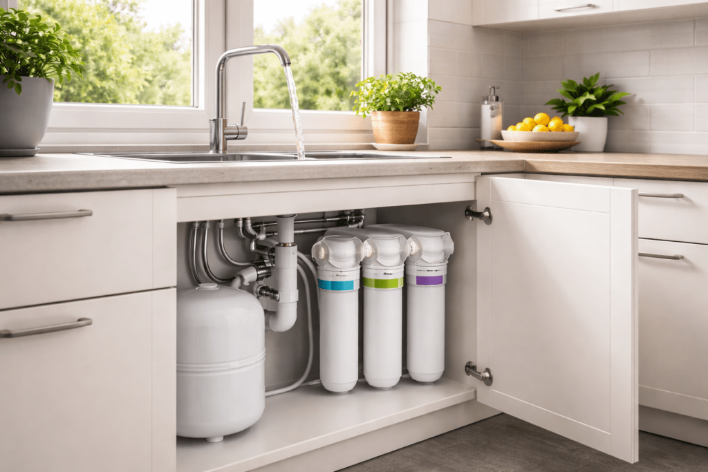 Waterfilters voor thuis geïnstalleerd onder de gootsteen in moderne Nederlandse keuken voor schoon drinkwater