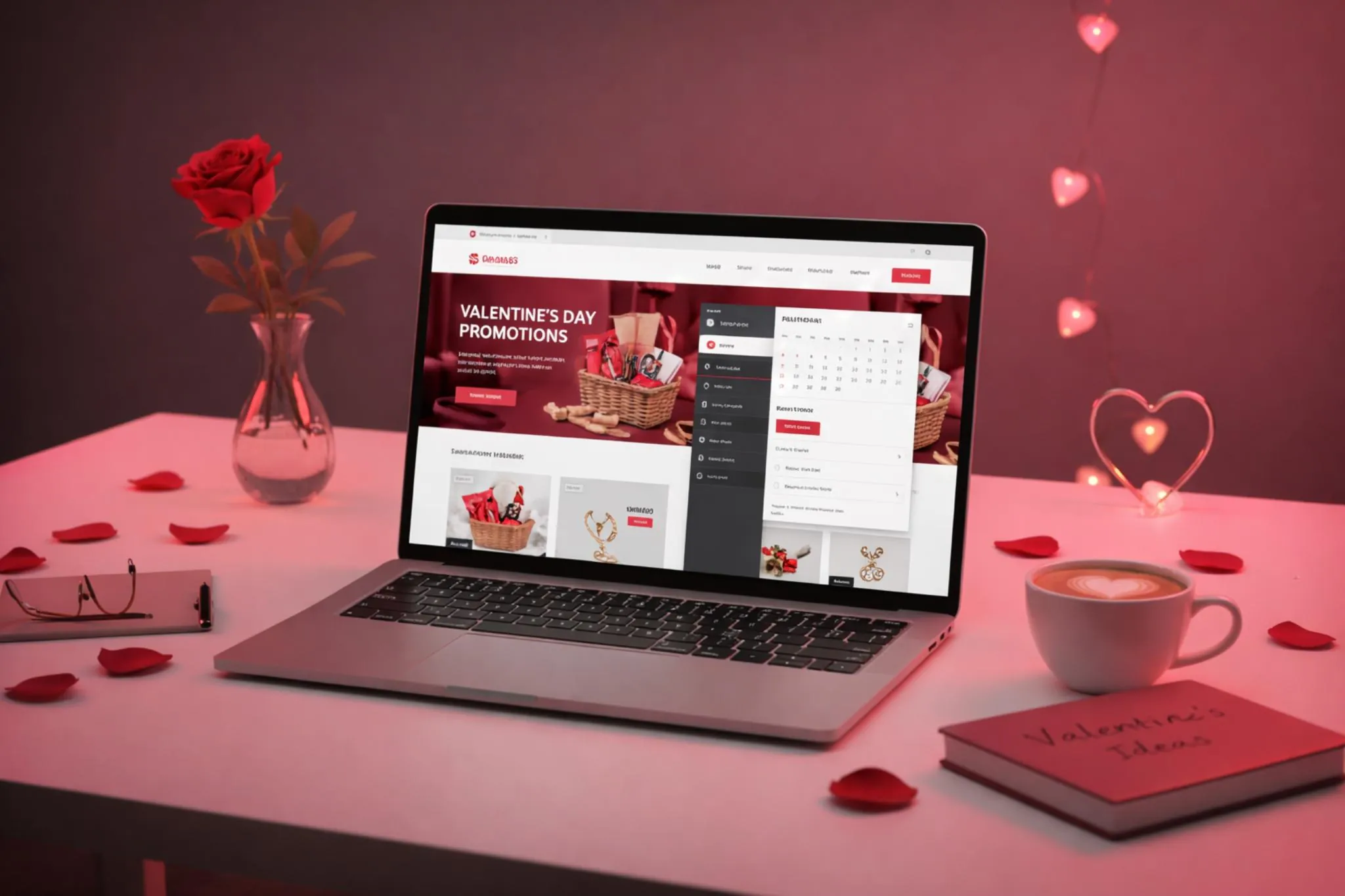 websait Valentine’s Day promotions displayed on a laptop with red rose, coffee cup and romantic pink lighting, 16:9 workspace scene