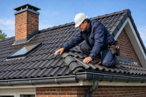 Professionele dakinspectie van een woning waarbij dakpannen en dakgoten worden gecontroleerd als onderdeel van de huis onderhoud checklist 2026.