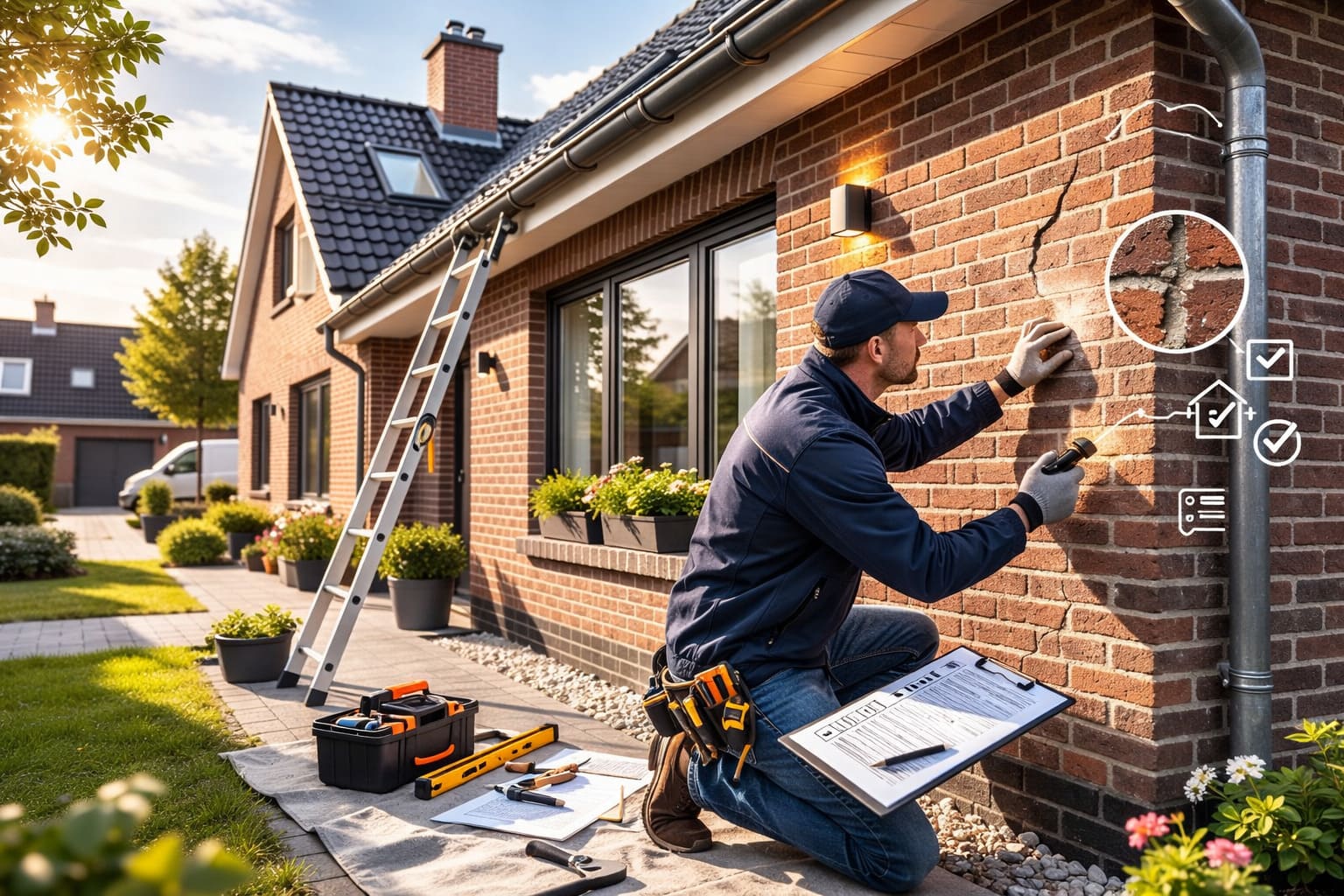 Inspectie van de gevel van een woning waarbij scheuren in baksteen en voegwerk worden gecontroleerd volgens de huis onderhoud checklist 2026.